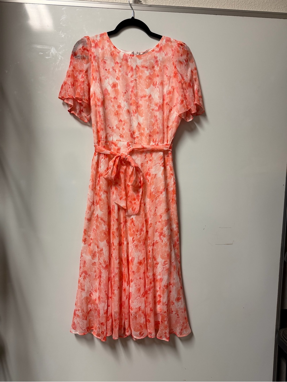 DKNY Pink Coral Watercolor Midi Dress with Tie Waist